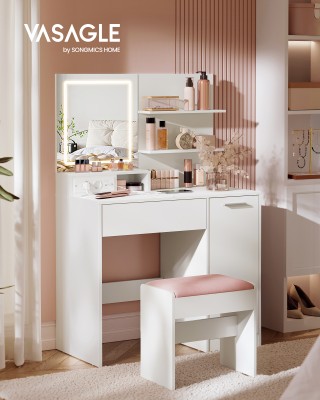 VASAGLE Επίπλο Τουαλέτα με LED Καθρέφτη & Πρίζα - Λευκό, 80x40x132....