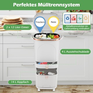 Costway Λευκός Κάδος Κουζίνας 42L με Καπάκι & 3 Χωρίσματα, Πεντάλ &...