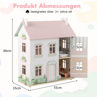 Costway 3-όροφο Ξύλινο Κουκλόσπιτο με Ανοιγόμενες Πόρτες TP10252PI