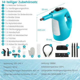Costway  Καθαριστής Ατμού 1500W με Δοχείο 400 ML Θερμοκρασία έως 12...