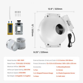 VEVOR  Σύστημα Ανεμιστήρα Ραδονίου 260 CFM 4 σε 3.5  DFSTJ4INCH267V...