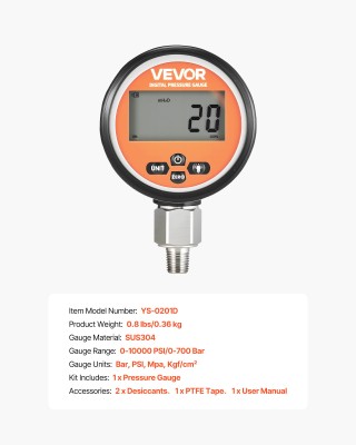 VEVOR Ψηφιακό Πιεσόμετρο Υδραυλικών Συστημάτων 0-700 Bar/0-10,000 P...