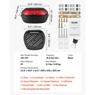 VEVOR 62L Μοτοσυκλετιστικό Κουτί Αποθήκευσης Ουράς με Αντανακλαστικ...