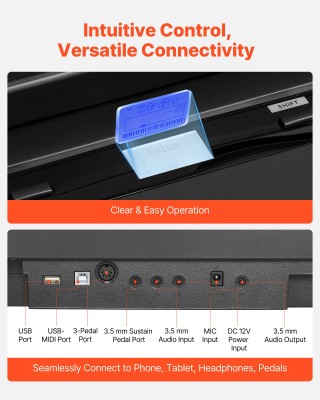 VEVOR 88 Πλήκτρων Ψηφιακό Πιάνο με Βάρος Πλήκτρων, Μαύρο, Διαστάσει...