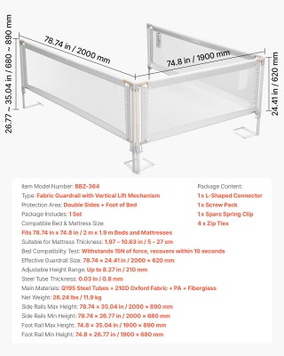 VEVOR Προστατευτικό Κάγκελο Κρεβατιού Μωρού 2000 x 680 mm - Ρυθμιζό...
