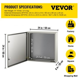 VEVOR NEMA Χαλύβδινο Κουτί 24x24x8 NEMA 4X, IP66 Αδιάβροχο & Ανθεκτ...