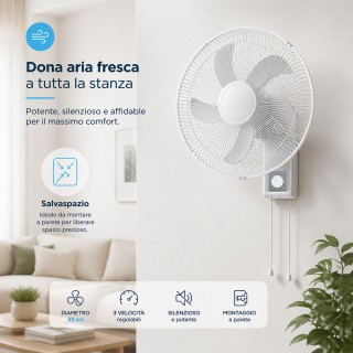 BAKAJI Επιτοίχιος Ανεμιστήρας 43cm Λευκός, Αθόρυβος με 3 Ταχύτητες ...