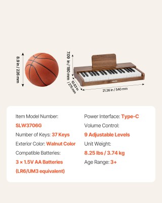 VEVOR Παιδικό Πιάνο 37 Πλήκτρα, Ξύλινο Ψηφιακό Μουσικό Όργανο για Π...