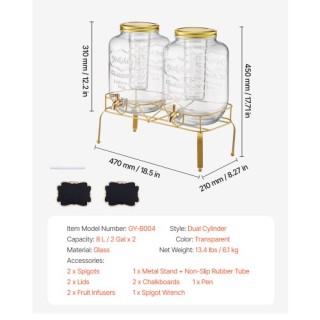 VEVOR Διανομέας Ποτών 8L Γυάλινος με Βάση 2 Τεμάχια για Πάρτι YLFPQ... VEVOR Διανομέας Ποτών 8L Γυάλινος με Βάση 2 Τεμάχια για Πάρτι YLFPQ...