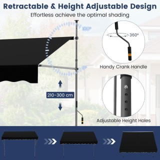 Costway Ρυθμιζόμενη Μαύρη Τέντα με Μανιβέλα 250 cm, Ανθεκτική στην ...