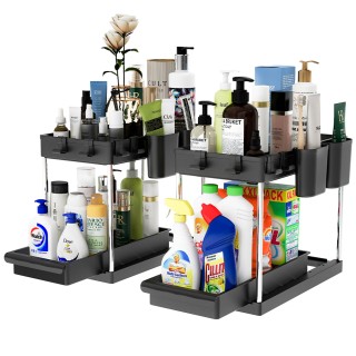 BAKAJI  Σετ 2 Οργανωτές Κάτω από το Νεροχύτη Μαύρο Μπάνιο Κουζίνα Σ...