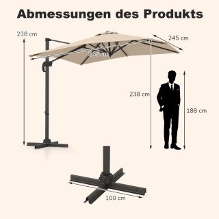 Costway Ορθογώνια Ομπρέλα Κρεμαστή 250 x 250 cm με Μανιβέλα Μπεζ NP...