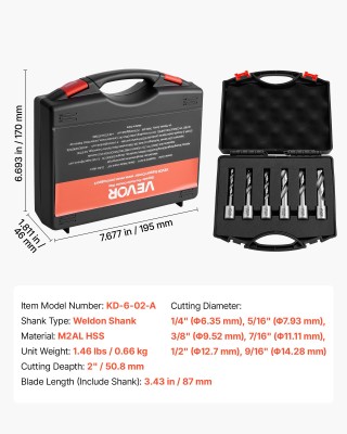 VEVOR Σετ Ποτηροτρύπανα Μαγνητικού Δραπάνου HSS 6 Τεμ. Weldon, Βάθο...