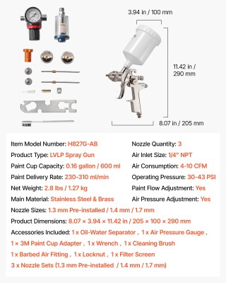 VEVOR Πιστόλι Βαφής LVLP με Βαρύτητα, 600ml, 3 Ακροφύσια (1.3/1.4/1...