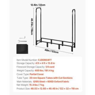 VEVOR Εξωτερική Ξυλοθήκη 1,22μ με Αδιάβροχο Κάλυμμα, Χωρητικότητα 4...