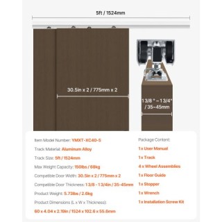 VEVOR Κιτ Συρόμενης Πόρτας 5ft για Ντουλάπα 2 Πορτών TLMTZTLM5FTS39... VEVOR Κιτ Συρόμενης Πόρτας 5ft για Ντουλάπα 2 Πορτών TLMTZTLM5FTS39...