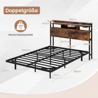 Costway Διπλό κρεβάτι με κεφαλάρι LED, σταθμό φόρτισης, αποθηκευτικ...