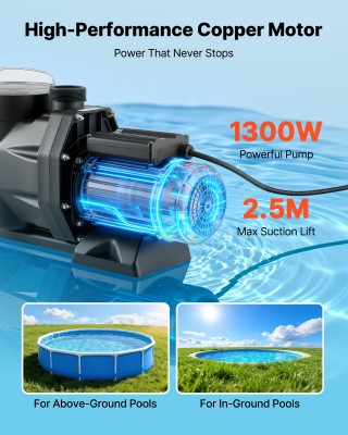 VEVOR Αντλία Πισίνας 1300W 28,800 L/H AC 220-240V με Χρονοδιακόπτη ...