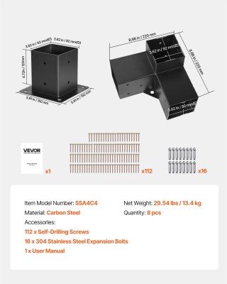 VEVOR Σετ Γωνιακών Βραχιόνων Πέργκολας 4x4, 4 Τεμάχια 3-Κατευθύνσεω...