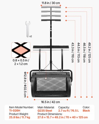 VEVOR Διανομέας Κομπόστ και Τύρφης 61 εκ. με Λαβή Ώθησης/Έλξης, Βού...