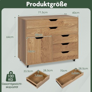 Costway Κινητό Γραφείο με 5 Συρτάρια & Ντουλάπι - Φυσικό Χρώμα 64 x...