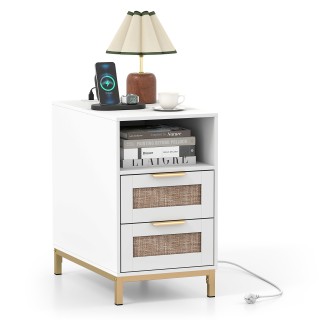 Costway Λευκός Πλαϊνός Τραπέζι με Σταθμό Φόρτισης & 2 Συρτάρια από ...