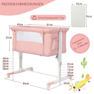 Costway Πολυλειτουργικό Βρεφικό Κρεβάτι 3 σε 1 Ροζ - Ρυθμιζόμενο σε...