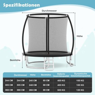 Costway  Εξωτερικό Τραμπολίνο με Σκάλα, Κυκλικό 244cm, Μαύρο - Με Δ...