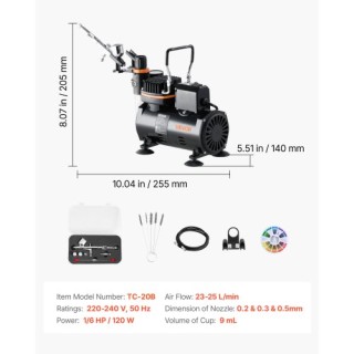 VEVOR Σετ Αερογράφου 1/6 HP Κομπρεσέρ με 1 Αερογράφο, 3 Μύτες και Σ...