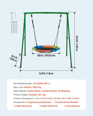 VEVOR Κούνια Κήπου για Παιδιά με Μεταλλική Βάση A-Frame και Στρογγυ...