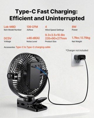 VEVOR Φορητός Επαναφορτιζόμενος Ανεμιστήρας Κλιπ με Φως και USB, 3 ...