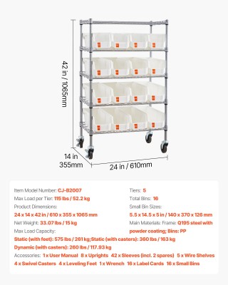 VEVOR Ράφι Αποθήκευσης με Ροδάκια, 5 Επιπέδων, 16 Κάδοι Οργάνωσης K...