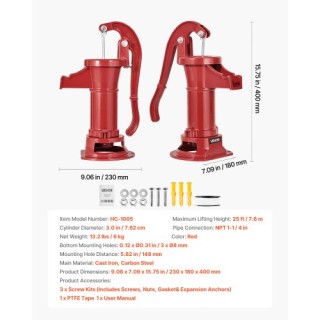 VEVOR Παραδοσιακή Αντλία Χεριού από Χυτοσίδηρο, 25 πόδια Μέγιστη Αν...