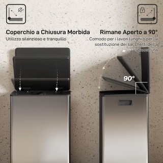 HOMCOM Κάδος Απορριμμάτων με Πεντάλ με 2 Διαμερίσματα 30L, Με Αποσβ...