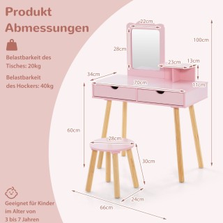 Costway Παιδικό Σετ Καλλωπισμού 2 σε 1 με Καθρέφτη και Σκαμπό - Ροζ...