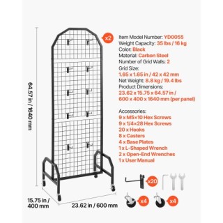 VEVOR Σετ Δύο Πάνελ Γκριλ Τοίχου με Ρόδες & Γαντζάκια (600 x 1640 m...