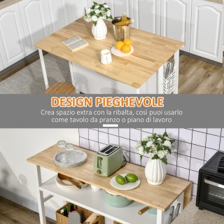 HOMCOM Kitchen Island με πτυσσόμενο πάγκο και 2 ράφια από ξύλο και ...