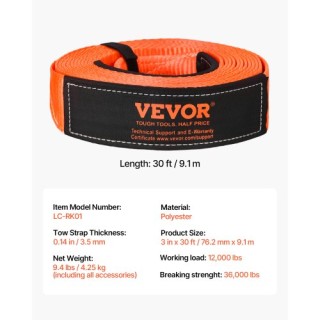 VEVOR Δυνατό Σχοινί Έλξης Αυτοκινήτων - Αντοχής 36000 lbs, 30ft, 3 ...