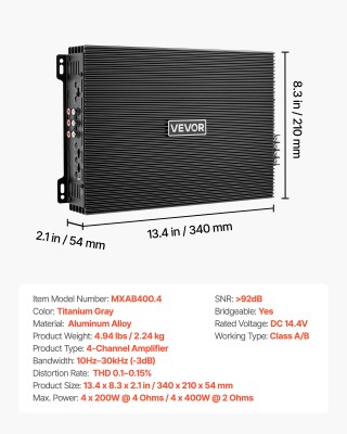 VEVOR Ενισχυτής Αυτοκινήτου 4-Κανάλια Bridgeable, Πολυκαναλικός Cla...