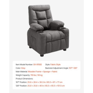 VEVOR Παιδική Πολυθρόνα Ξαπλώστρα με Θήκες και Ποτηροθήκες (Γκρι) E...