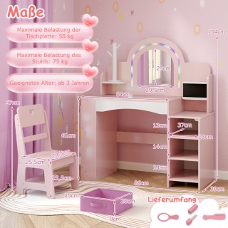 Costway Παιδικό Σετ Τραπέζι Μακιγιάζ με Καρέκλα, Καθρέφτη & Φωτισμό...