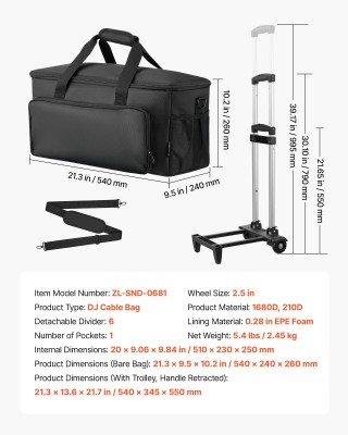 VEVOR Τροχήλατη Τσάντα Καλωδίων DJ, 1680D, Διαχωριστικά & Τροχοί γι...