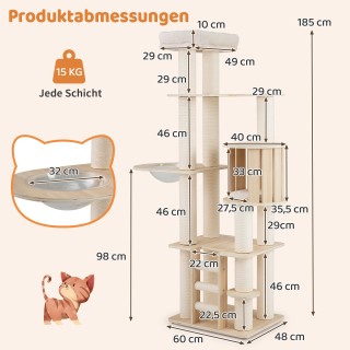 Costway 185 cm Δέντρο Αναρρίχησης για Γάτες με Χοντρούς Κορμούς, Κρ...