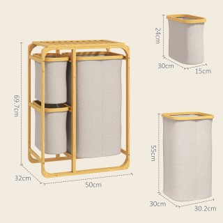 HOMCOM  Καλάθι Απλύτων από Μπαμπού με 3 Σάκους και Αποσπώμενα Ράφια...