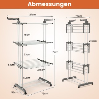Costway  Πτυσσόμενη απλώστρα ρούχων 3 επιπέδων 127 x 63 x 171 cm Γκ...