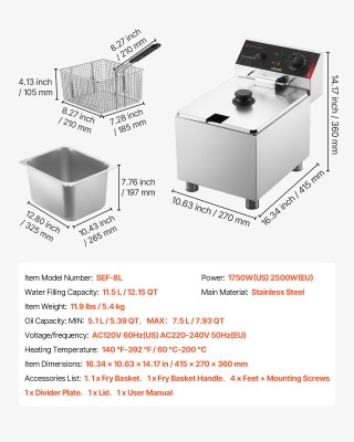 VEVOR Επαγγελματική Ηλεκτρική Φριτέζα 7,5 L 2500W Ανοξείδωτη Επιτρα...