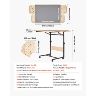 VEVOR Ρυθμιζόμενη Ξύλινη Πλατφόρμα Παζλ 1500 Τεμαχίων 86x63cm PTZ15...