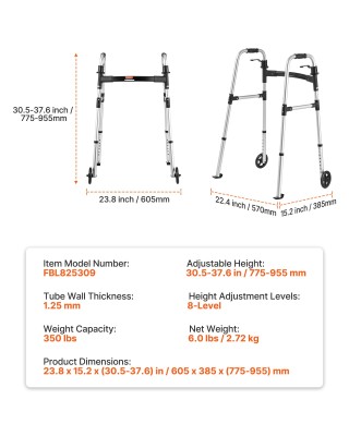 VEVOR Πτυσσόμενος Περιπατητήρας  με Ρυθμιζόμενο Ύψος & Τροχούς για ...