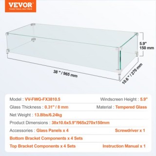 VEVOR Προστατευτικό Ανέμου για Τζάκι 38x10.5x6 εκ. από Σκληρυμένο Γ...