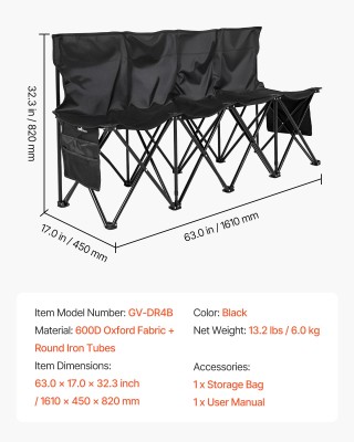 VEVOR Φορητός Αναδιπλούμενος Πάγκος 4 Θέσεων με Πλάτη, Μαύρο 63x17x...